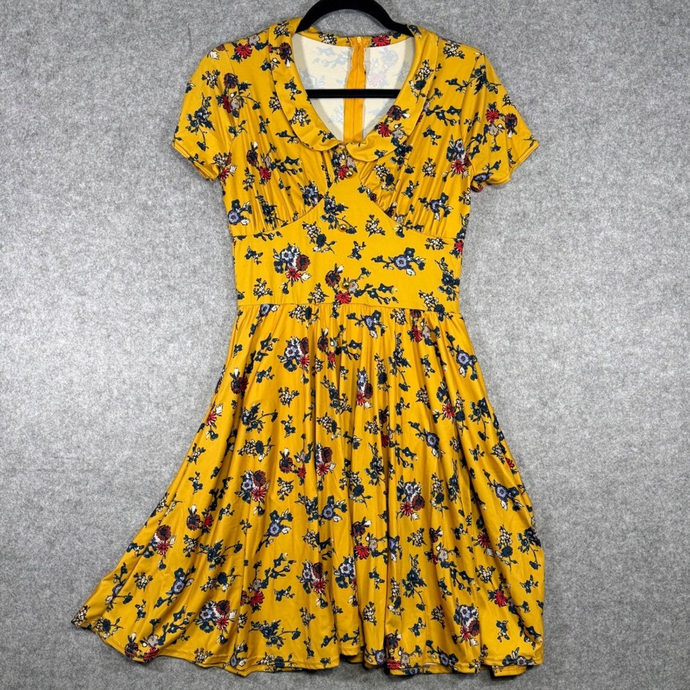 Weissman Floral Dance Dress Women MA Yellow Retro Peter Pan Collar 13036